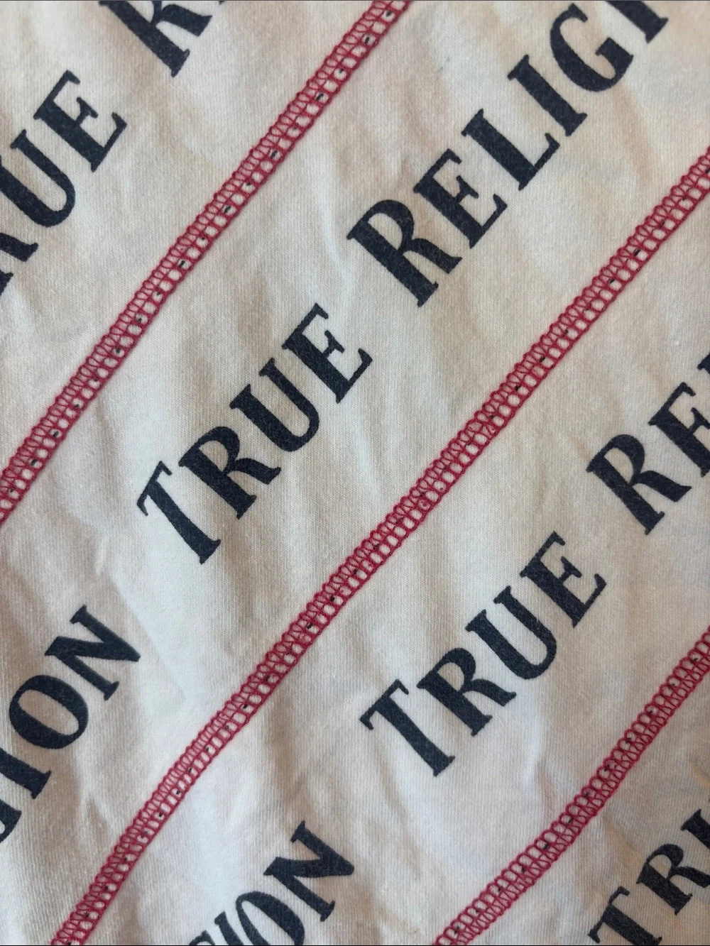 ⭐️True Religion White Tee with Black and Red Diagonal Logo Print